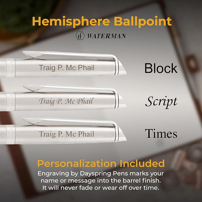 Waterman Hemisphere Engraved Ballpoint Pen, Brushed Stainless with Silver Trim, Mysterious Blue Ink, Tone-on-Tone Engraving, Personalized Gift for Executives, Retirement, Board Members