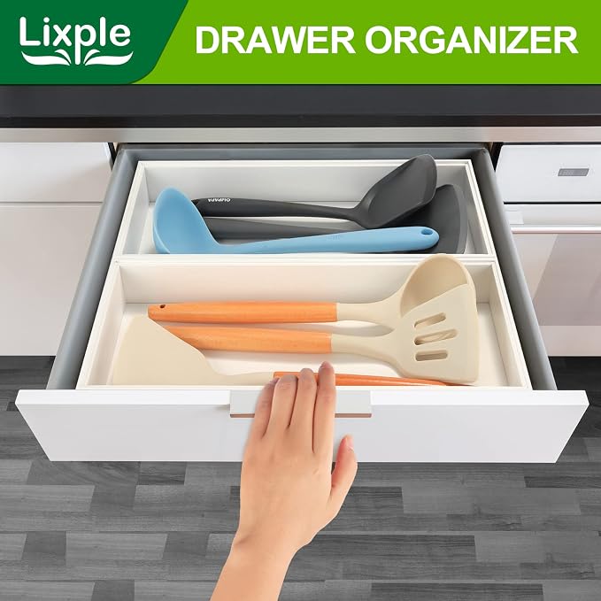 Lixple Kitchen Drawer Organizer - 2 Pack, Stackable Bamboo Drawer Organizers, Wooden Storage Box Tray for Cabinet, Pantry, Bathroom Countertop, Multi-use Organization and Storage (White)