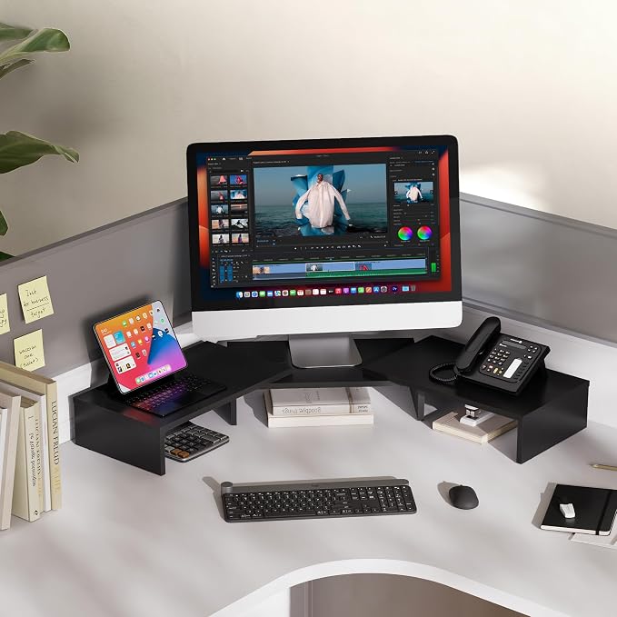 FITUEYES Dual Monitor Stand Riser, Adjustable Length and Angle, Black | Wooden 3-Shelf Design, Supports up to 55lbs, Flexible for Standard Corner Space, Holds Monitor, Laptop, Phone, Printer