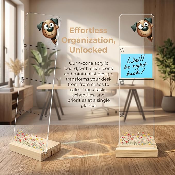 Sticky Note Holder, Monitor Memo Board, Acrylic Post It Note Holder with Wooden Base, Includes 200 Notes, Desk Organizer for Office, Cute Dog Design