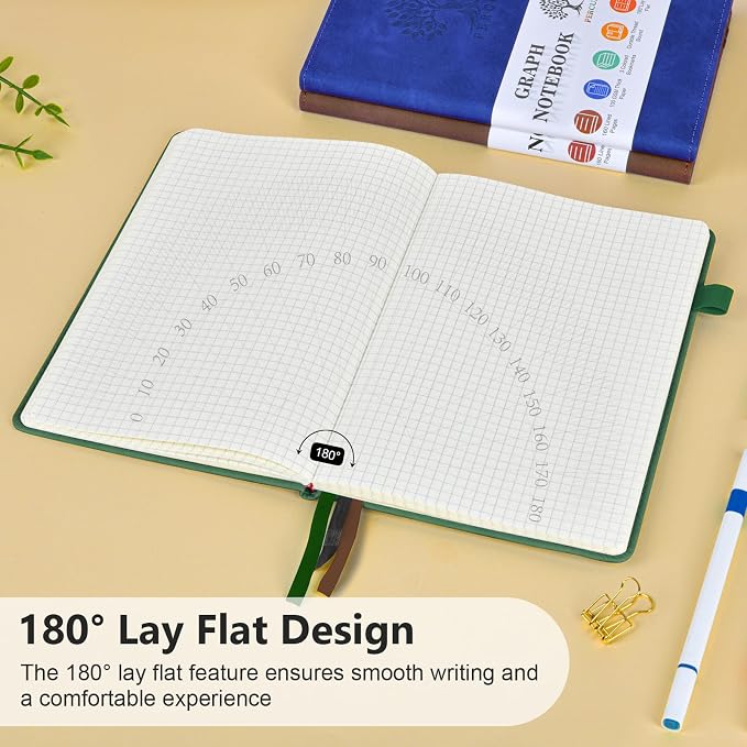 PERCUN A5 Hardcover Graph Paper Notebook, 5.9”x8.5” Leather Journal for Women & Men, 160 Pages Grid Paper Composition Notebook for Work, School, Math, Quad Ruled Writing Journals,Graphing (Green)