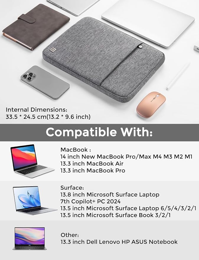 DOMISO Laptop Case Laptop Sleeve Cover Compatible with 14 inch MacBook Pro M4/M3/M2/M1 Pro/Max 2024-2021, Compatible with 13.3 inch HP Dell ASUS Notebook, Water-Resistant Bag with Pocket,Grey