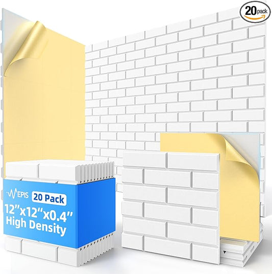 20 Pack Acoustic Panels with Self Adhesive, 12" X 12" X 0.4" High Density Sound Proof Foam Panels for Walls, Soundproof Wall Panels, Brick Sound Absorbing Panels for Home Studio Office Decor - White