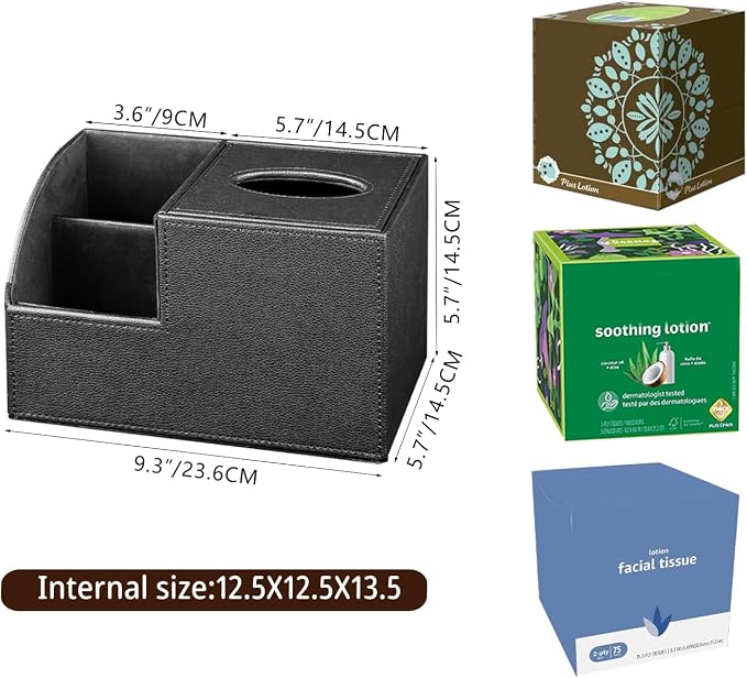 PU Leather Square Tissue Box Cover - Multi-Functional Tissue Box Holder | Tissue Box Cover with Storage,Tissue and Remote Control Holder,Cube Tissue Box Organizer Bedroom Nightstand End Table