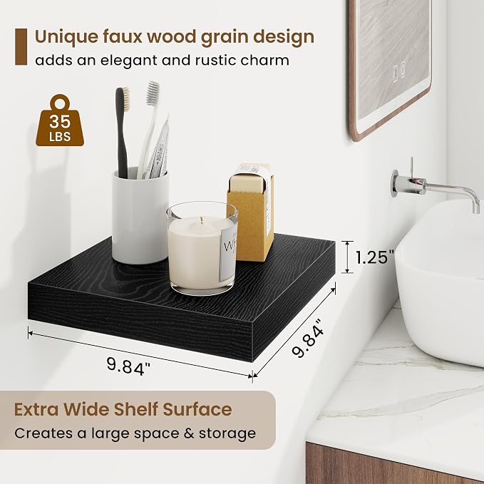 Square Floating Shelves for Wall, 9.25"W x 9.25"D x 1.25"H, 3 Pack Small Wall Mounted Engineered Wood Shelves with Invisible Brackets for Living Room, Bedroom, Bathroom, Kitchen Decor, Black