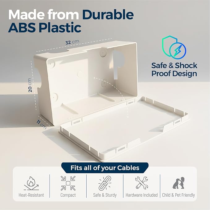 Cable Management Box with Included Mounting Hardware – ABS Cord Organizer (12,7 x 7,8 x 4,5 in) | Heat-Tolerant Power Strip & Cable Storage | Wall-Mountable or Floor Use