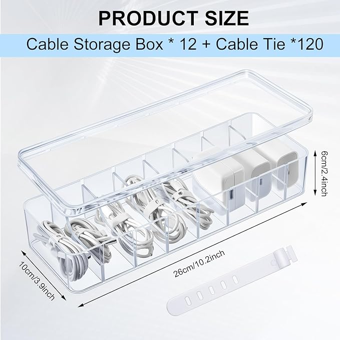Tatuo 12 Pcs Cord Organizer for Drawer Desktop, Cable Organizer Box with 8 Compartments and Wire Ties, Plastic Charger Storage with Lid, Electronics Case for Home Office Accessories (Small,Clear)