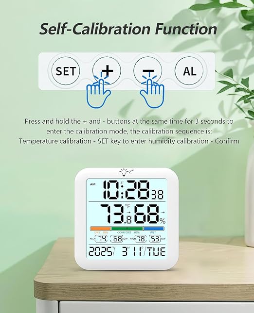 Mini Digital Indoor Thermometer Hygrometer Clock, Room Temperature Humidity Monitor with Calibration, Backlight, Air Comfort Indicator, 24H Max Min Record, Time, Alarm for Home (Size：3.2"x 3.2")