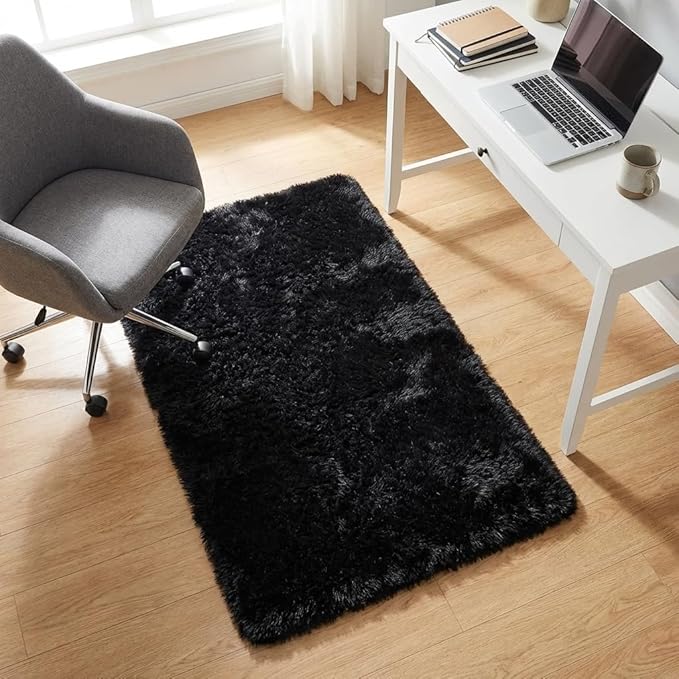 Black Rugs for Bedroom, 3x5 Feet Fluffy Area Rugs for Living Room, Soft Shag Kids Rug Small Carpet for Nursery, Bedside, Indoor, Dorm Decor