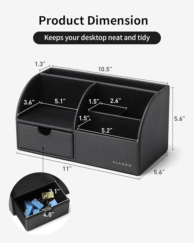 VLANDO Desk Organizer, 6-Compartment Faux Leather Desk Storage with Drawer | Remote Control Holder for Office Desk Accessories,Pens, Notes,Stationery,Business Cards,Gift Ideas,Black