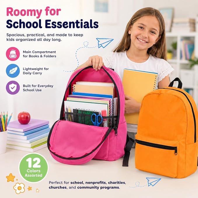 PJT 12 Pack Backpacks for Kids,17" Assorted Colors Bulk Back Packs,Bookbags Durable Lightweight for Back to School Supplies Boys & Girls