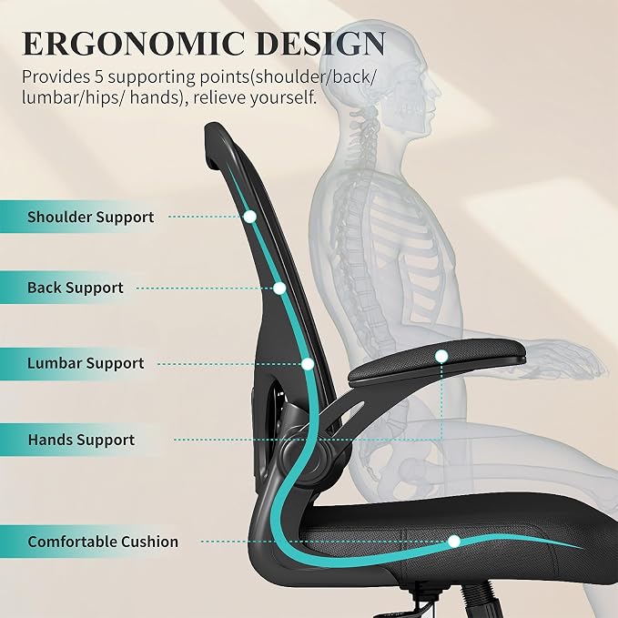 Flysky Mesh Office Chair, Ergonomic Computer Desk Chairs for Home Office - with Comfy/Comfortable Flip-up Arm Rests, Lumbar Support, Height Adjustable, 360 Degree Rolling Swivel (Black, 2 Pack)