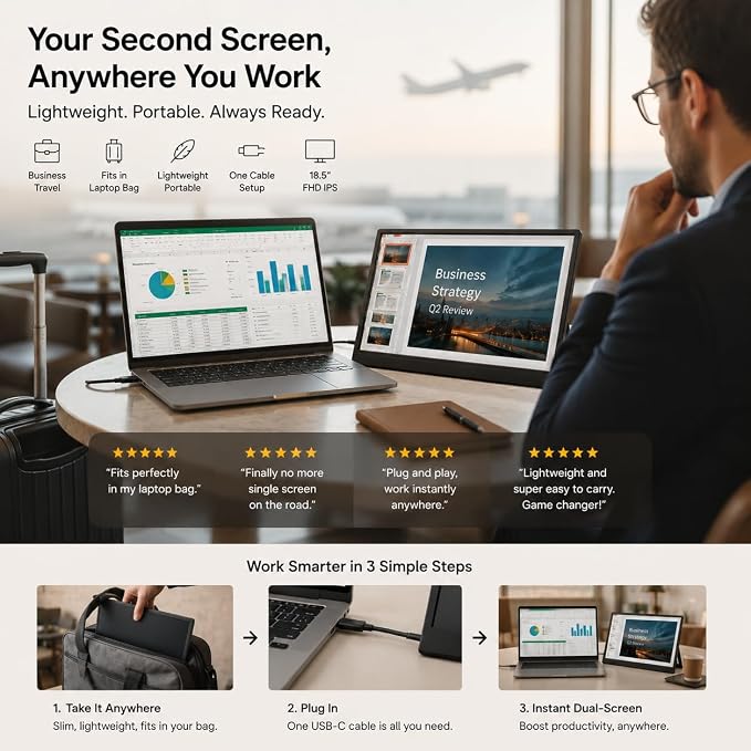 18.5 Inch Large Portable Monitor for Laptop, 120Hz 1080P FHD IPS Portable Travel Second Screen Display for/Phone/Xbox PS4/5, 100% sRGB, Dual Speakers, VESA & Storage Bag