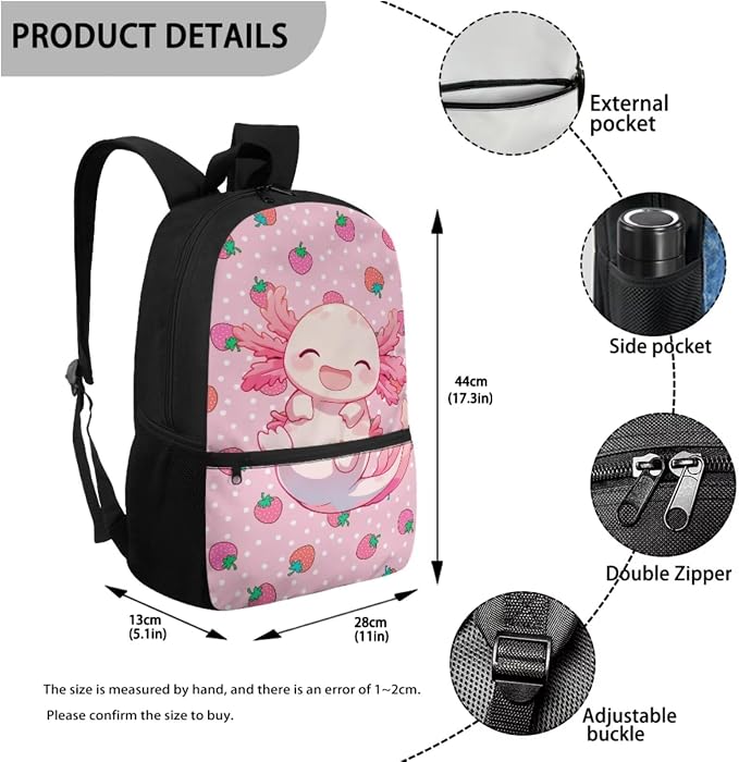 WELLFLYHOM 6-11 Kid Cute Axolotl 4 In 1 Bookbag Set, Pink 17 Inch Strawberry Backpack with Lunch Box for Girls, Back to School Supplies for Elementary Students, Mochila Para Niñas