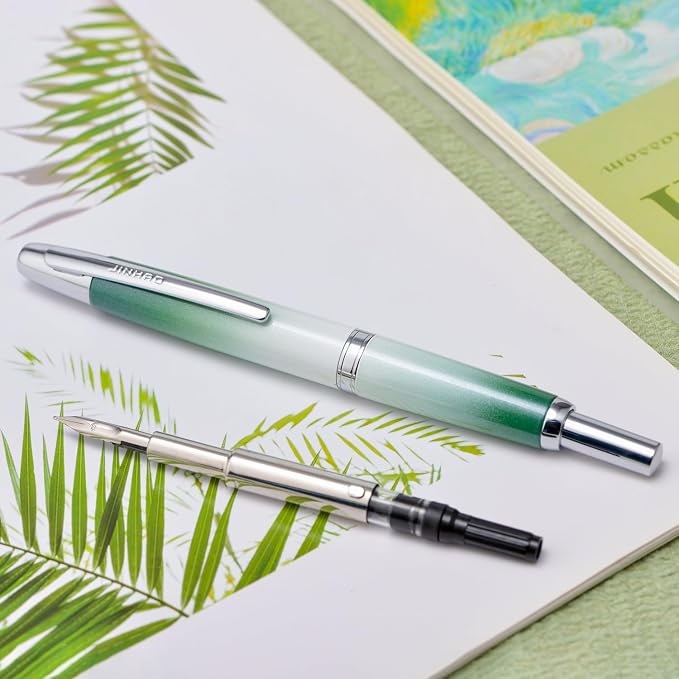 Jinhao 10 Press Fountain Pen with Box, Gradient Grass Green Retractable Extra Fine Nib with Ink Converter Set (Silver Clip)