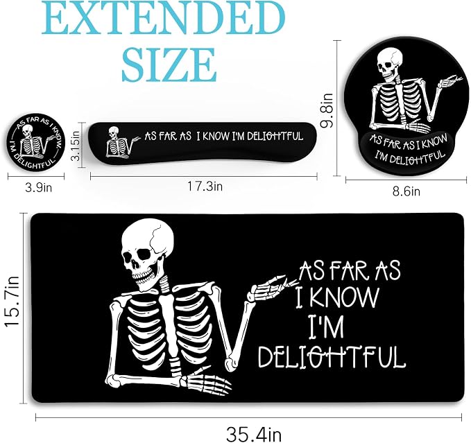 LIMKRIAN Ergonomic Mouse Pad with Wrist Rest Desk Mat Set, Skeleton Gaming Mouse Pads, Keyboard Mat Wrist Rest Cup Coaster, Funny Office Desk Accessories