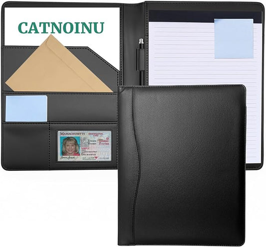 PU Leather Portfolio Folder with 30 Pages Paper Padfolio Business Organizer Document Planner Binder Storage Pocket for Legal Pad Holder Paperwork Phone Men Women (A5, Black)