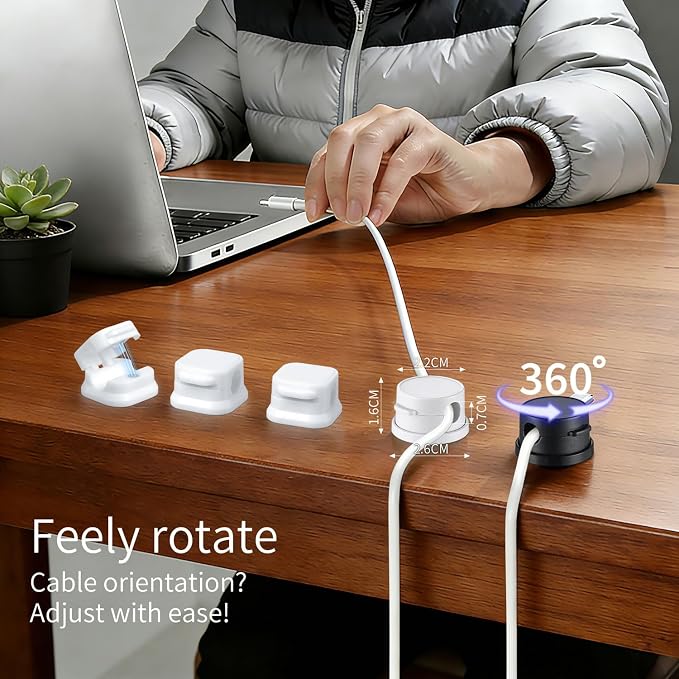 12 Pack Cable Clips (10 Pcs Square Cord Holder 2 Pcs Circular And Rotatable Cord Clips) Suitable For Office Desks Home Desks, Telephones, Vehicles, Walls, Tabletops And Bedside Tables，Black And White