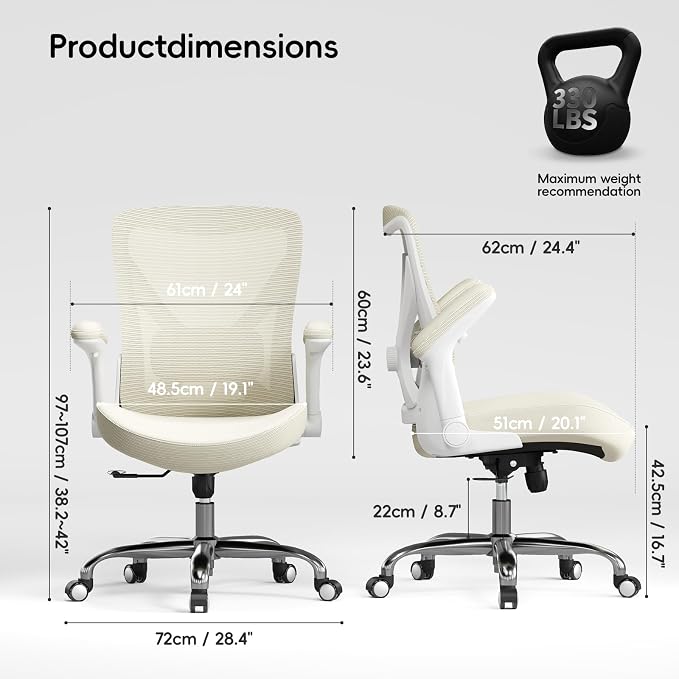 Ergalithic Office Home Ergonomic Desk Chair-Computer X-Shaped Chair Mesh PU Leather with Adjustable Lumbar Support-Executive Chair High Back Flip-Up Arms for Long Hours (Beige-No Headrest)