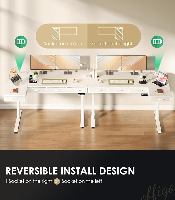 OffiGo 63 Inch L Shaped Electric Standing Desk with Drawers, Height Adjustable Large Desk with Power Outlets, Sit Stand Table, Writing Computer Desk for Home, Office, Workstation,White