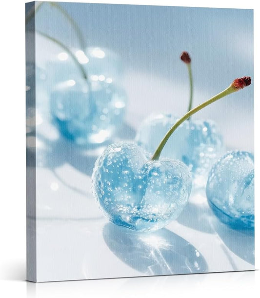 Preppy Blue Cherry Wall Art Decor Trendy Glam Cherry Picture Painting Artwork Modern Aesthetic Wall Decor for Home Apartment Bedroom 8x10 Canvas Framed