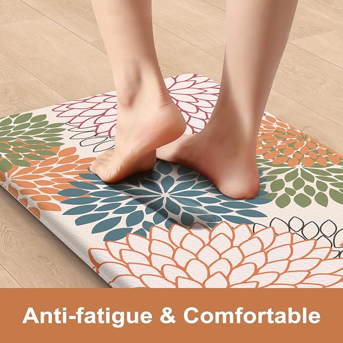 KIMODE Kitchen Rugs and Mats Cushioned Anti Fatigue 2PCS Standing Mat | 17"x59"+17"x29",Boho Floral,Non-Skid,Waterproof,Kitchen Runner Rug,Comfort Foam Paded Mat for Floors Office Laundry Sink