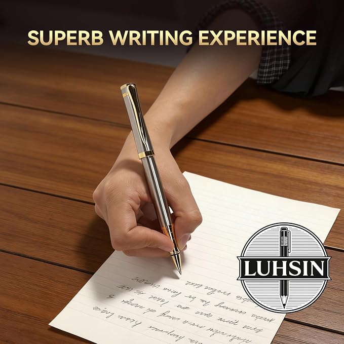 LUHSIN Premium Metal Rollerball Pen with Gold Trim - 0.5mm Smooth Writing Business Signature Pen with Refill, Luxury Executive Writing Instruments in Elegant Gift Box for Men & Women