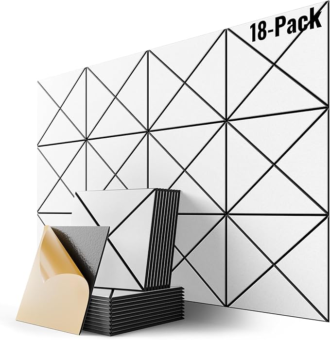 18 Pack Self-Adhesive Acoustic Panels, 12" X 12" X 0.4" X-Line Sound Proof Foam Panels for Walls, High-Density Soundproof Wall Panels for Home & Office (White on Black)