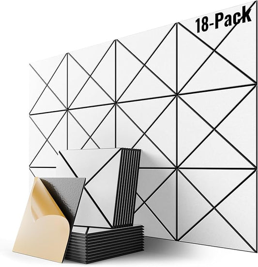 18 Pack Self-Adhesive Acoustic Panels, 12" X 12" X 0.4" X-Line Sound Proof Foam Panels for Walls, High-Density Soundproof Wall Panels for Home & Office (White on Black)