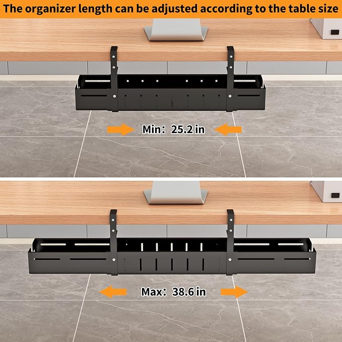 Under Desk Cable Management Tray, Expandable Length 25.2"-38.6",No Drill No Damage to Desk,Cable Tray with Clamp for with Wire Management,for Cord Organizer for Home Office Standing Desk, Black