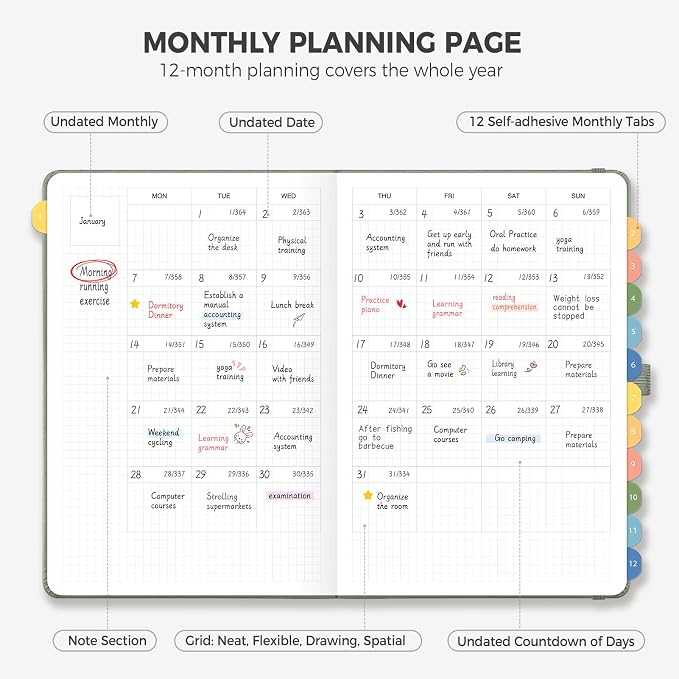 Undated Appointment Book, Hourly, Daily, 52 Weekly & 12 Monthly Planner, 6 AM - 8 PM, Medium Size (5.7" x 8.3"), Leather Hardcover, 12 Self-adhesive Monthly Tabs (Light Green)