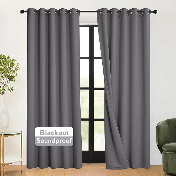 RYB HOME 3-in-1 Soundproof - Blackout - Energy Saving Room Divider Curtains, Extra Wide Window Curtains for Bedroom Living Room Loft Baby Nursery, Grey, Wide 62 x Long 84 inches, 2 Panels