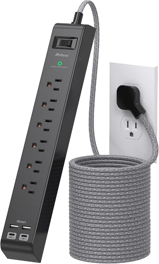 Surge Protector Power Strip 25FT, 10-in-1 with 6 AC Outlets 4 USB Ports(2 USB-C), Ultra Flat Plug Braided Extension Cord, Wall Mountable, 1080J Surge Protection, ETL Listed, Black