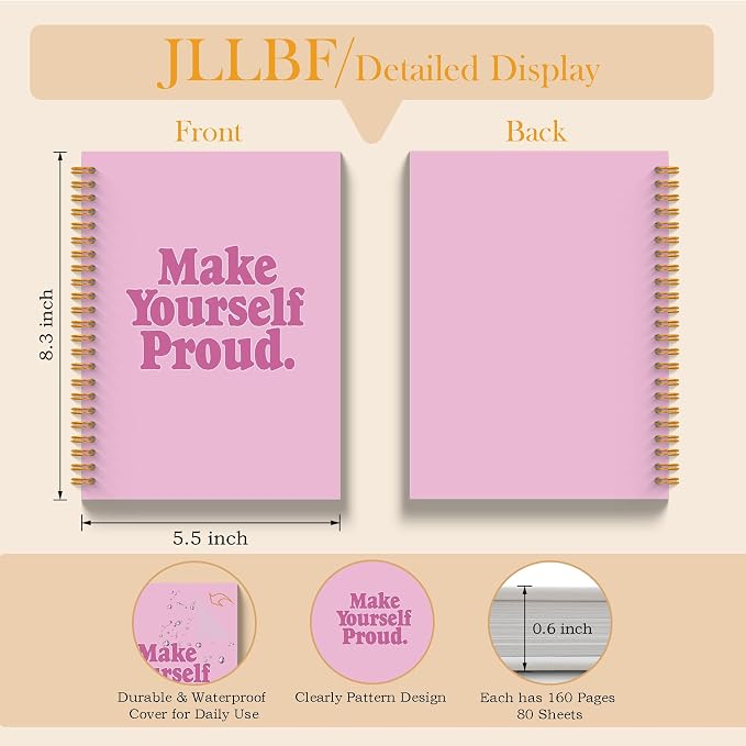 JLLBF Pink Motivational Spiral Notebook, Positive Affirmation Gifts Notebooks for Work, Inspirational Gifts for Women, Make Yourself Proud Journal Notebook, 5.5x8.3 Inch