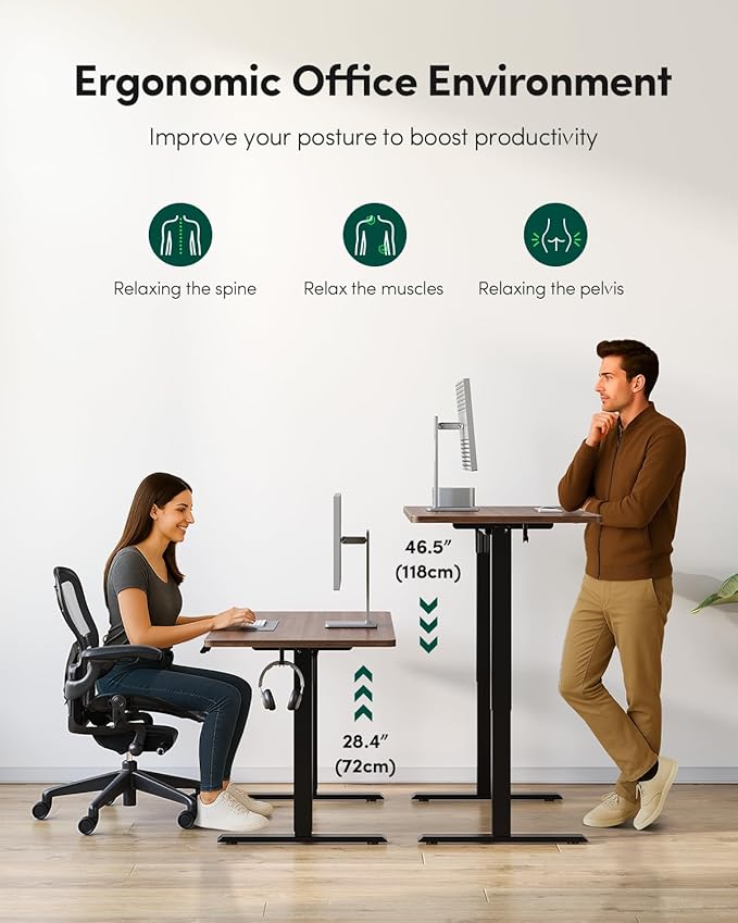 CubiCubi 48 x 24 Large One-Piece Standing Desk, Adjustable Height Electric Computer Home Office Sit Stand up Workstation, with 4 Memory Presets, Headphone Hook, Black Walnut