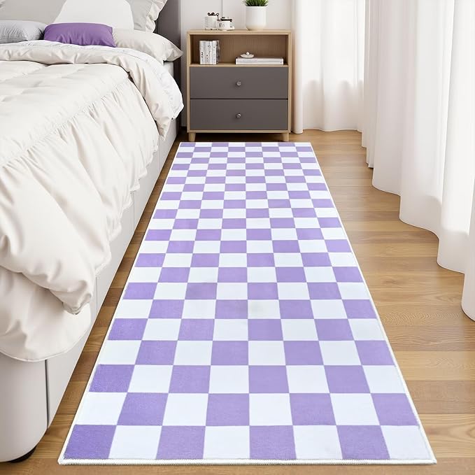Terrug Purple and White Checkered Area Rug for Kitchen,2x6 Runner Rugs Washable with Non Slip for Bedroom,Soft Low Pile Stain Resistance Retro Carpet for Entryway Hallway
