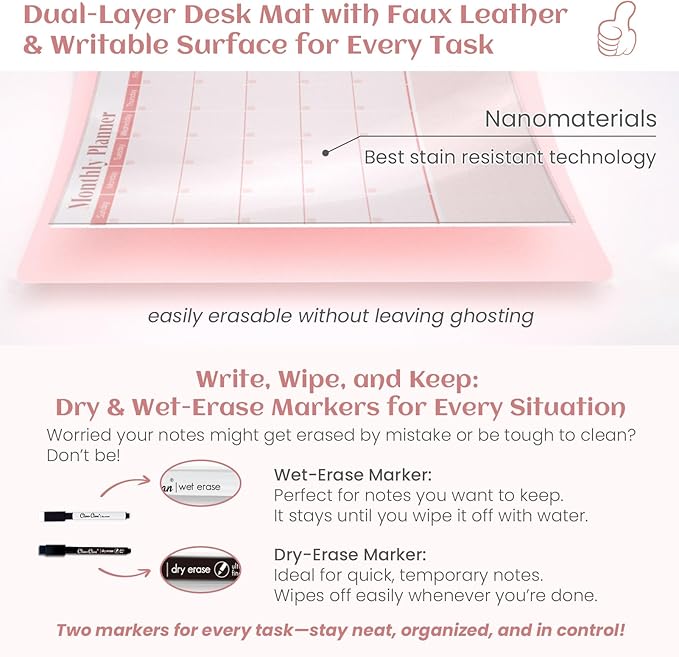 Multi-Functional Dual-Layer Dry Erase Desk Mat, Dry Erase Calendar for Desk - Erasable Desktop Writing Board with Calendar - Non-Slip Faux Leather Desk Protector for Home&Office - 16"x34" Pink