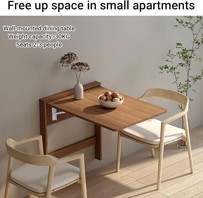 Space-Saving Wall Mounted Folding Dining Table Heavy Duty Floating Desk for Small Spaces Kitchen Laundry Room Study（Chair not Included in Product）(Walnut)