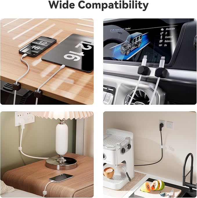 Daisyhome Rotatable Cord Organizer, Strong Adhesive Spring Cable Clips | Enhanced Cable Organizer Cord Clips, Desk Cord Holder for Nightstand, Office Accessories and Car (4*White+4*Black)