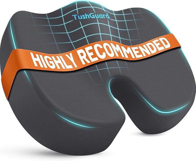 TushGuard Memory Foam Seat Cushion for Office Chair, Car Seat, Gray, XXL | Office Chair Cushion for Car, Airplane - Chair Pad for Long Sitting Sciatica, Hip, Coccyx,Tailbone Pain Relief, Butt Pillow
