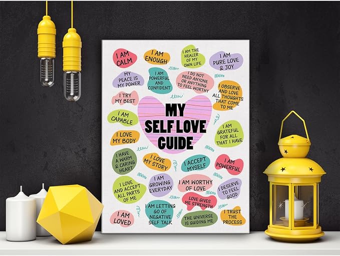 Inspirational Self Love Poster Canvas Wall Art for Home Decor - Positive Daily Affirmations My Self Love Guide Canvas Print Wall Art Painting Ready to Hang Gifts - Easel & Hanging Hook 12x15 Inch