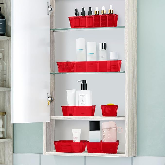 WOWBOX 25 PCS Plastic Drawer Organizer Set, 4 Sizes Desk Drawer Divider Organizers and Storage Bins for Makeup, Jewelry, Gadgets for Kitchen, Bedroom, Bathroom, Office, Clear Red