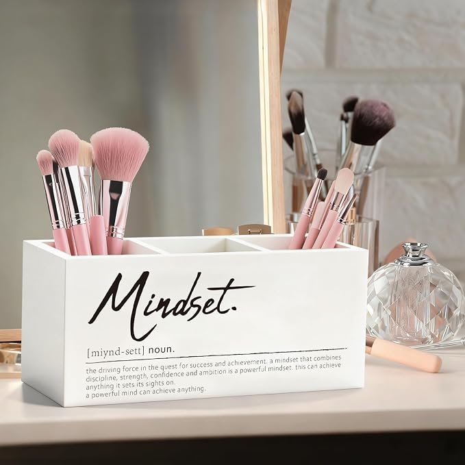 Mindset Definition Inspirational Pen Pencil Utensil Holder | Motivational Gifts for Women Men, Wood Desk Organizer and Accessories for Office Tabletop