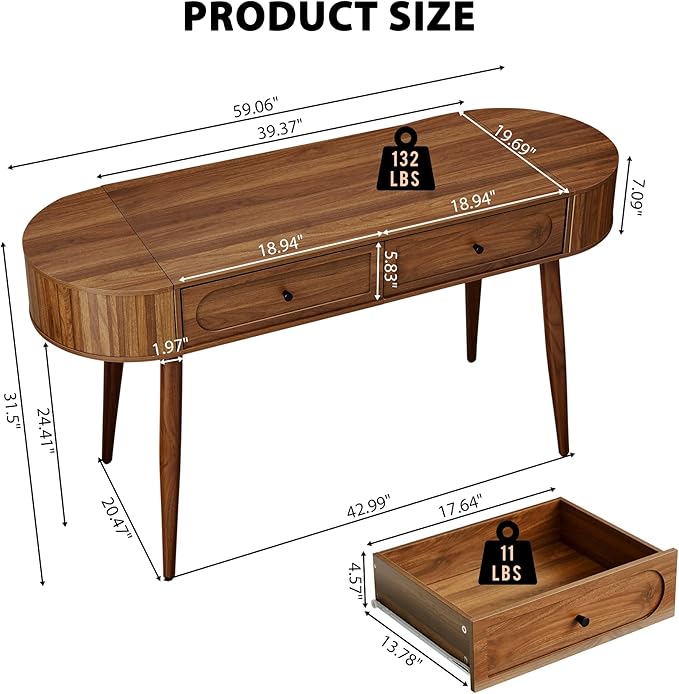 AVZEAR 59" Oval Fluted Home Office Computer Desk Wood Writing Desk, Wlanut | Mid Century Modern Writing Desk with 2 Drawers + 2 Flip Storage, Farmhouse Vanity Table Executive Deskfor Study, Living Room