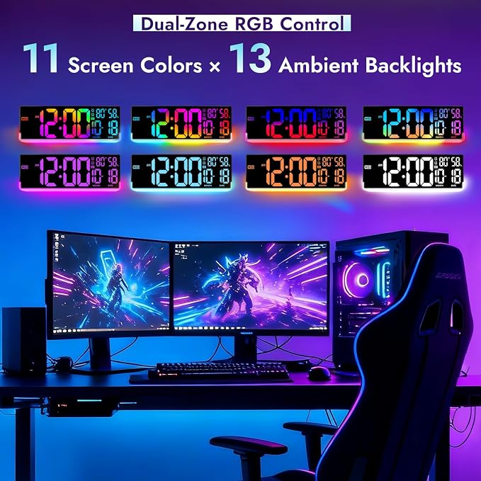 16.5" Large Digital Wall Clock for Classroom, Sync Screen RGB Backlight | 11 Screen Colors, 13 U-Shaped RGB Modes, Temp Humidity, Auto DST, Dual Alarm, Timer, Digital Clock for Gym Gaming Room