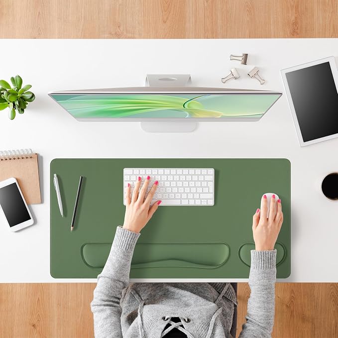 Green Leather Desk Pad and Keyboard Wrist Rest, 27.6"x13.8" | 3in1 Mouse pad + Keyboard Wrist Rest + Mouse Wrist Rest, Non-Slip Waterproof Desk Writing Pad for Office and Home