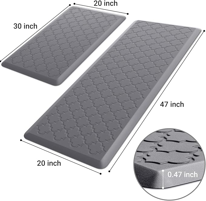 Kitchen Mat [2 PCS] Cushioned Anti-Fatigue Floor Mat Water Resistant Non-Skid Kitchen Mats and Rugs Ergonomic Comfort Foam Kitchen Rugs Standing Mat for Floor Office Sink (Grey,20"x30"+20"x47")