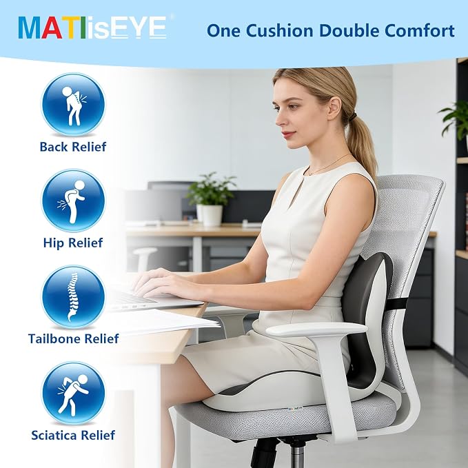 Ergonomic Memory Foam Seat Cushion with Strap for Office Chair, Double Grey | Contoured coccyx cutout supports back and butt, with a non-slip base and washable cover for office chairs and cars.