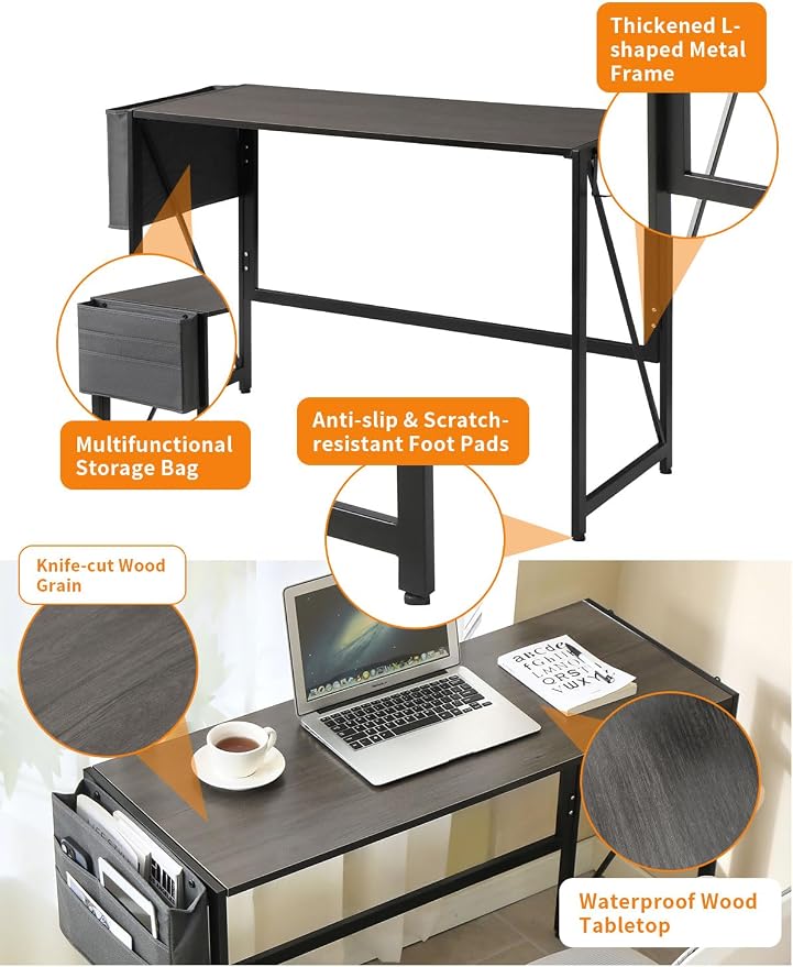Modern Foldable Writing Computer Desk with Storage Bag, No-Assembly Study Office Desk Foldable Table for Small Spaces, Home Office (Black Oak, 39.4 inch)