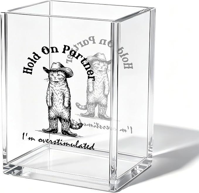 Funny Cowboy Cat Office Acrylic Cosmetic Pen Pencil Holder Cup, Hold On Partner Im Overstimulated Pencil Organizer, Humor Unique Desk Accessories, Sarcastic Gifts for Women Men（A50）